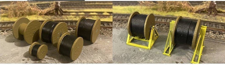 2 cable drums without cable showing . 2 cable drum with cable 4 sets of support for drums .G Gauge Scale 1.24