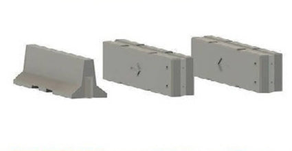Supply of 3 Concrete Barriers consisting of one triangular base and 2 rectangular  .Supplied in white ready for painting. HO Gauge Scale 1.87