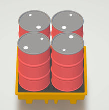 This is the supply of 4 Oil Drums and one spill  pallet.  The split pallet is supplied with a removable cover  4mm Gauge Scale 1.148