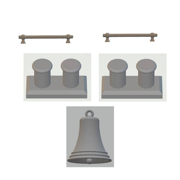 Detailed Set of Model Boat 2 Round Cleats 2 Handrails and 1 Bell